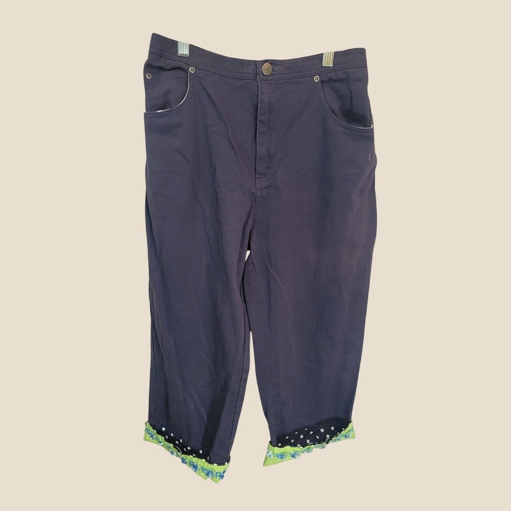 Quacker Factory Capri Pants Coastal Grandma Cottagecore Floral Cuff Navy Blue M
